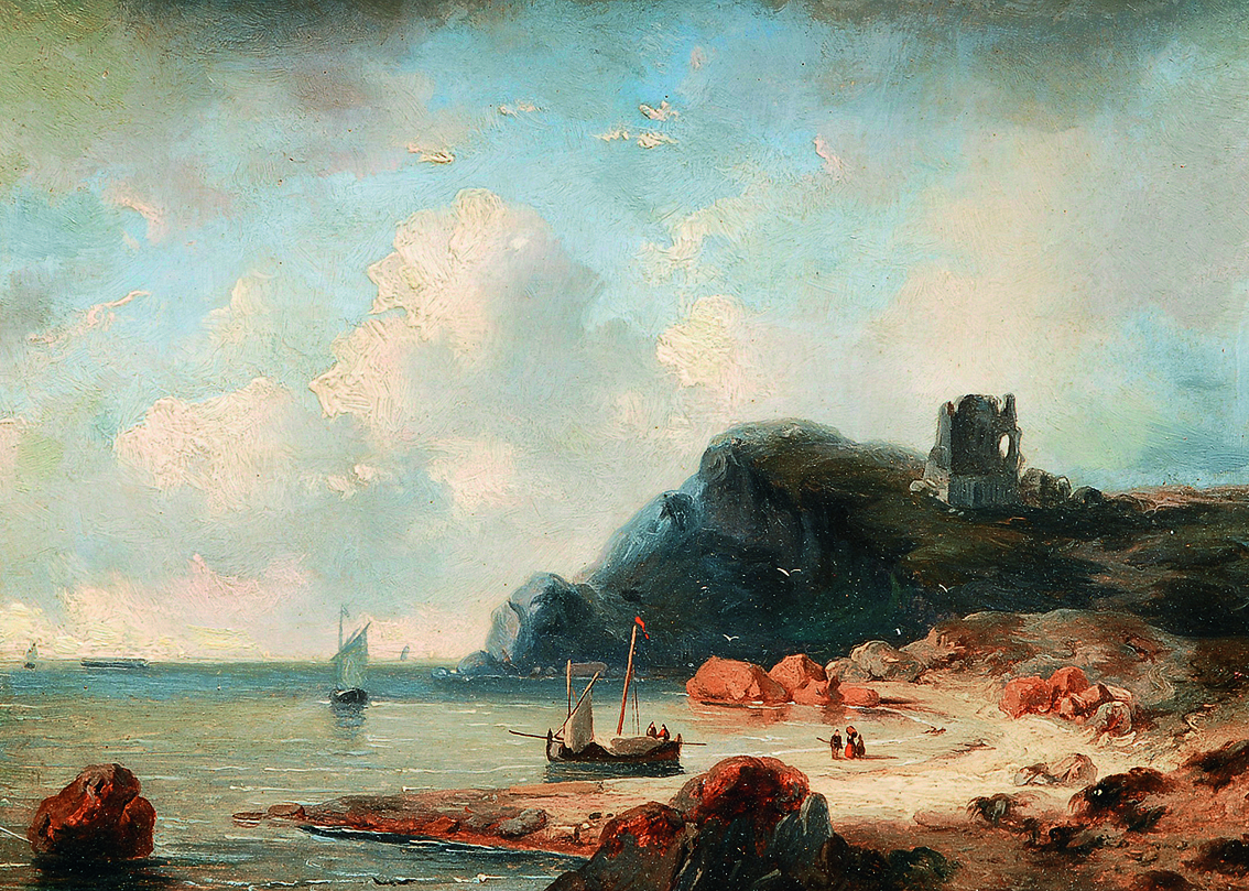 A view on a bay with various shipping and figures at the shore, a castle u.ri.