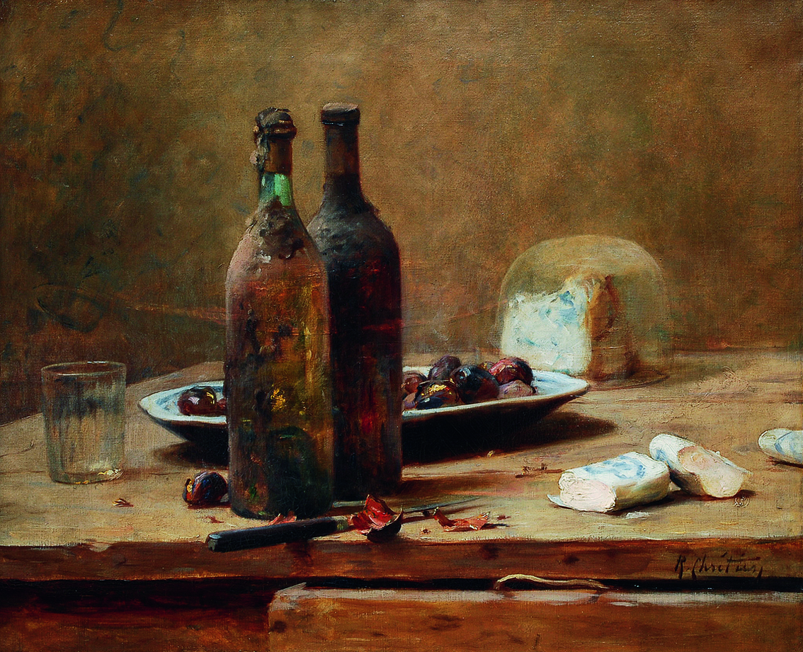 Stilleben mit Flaschen, Glas und Käse