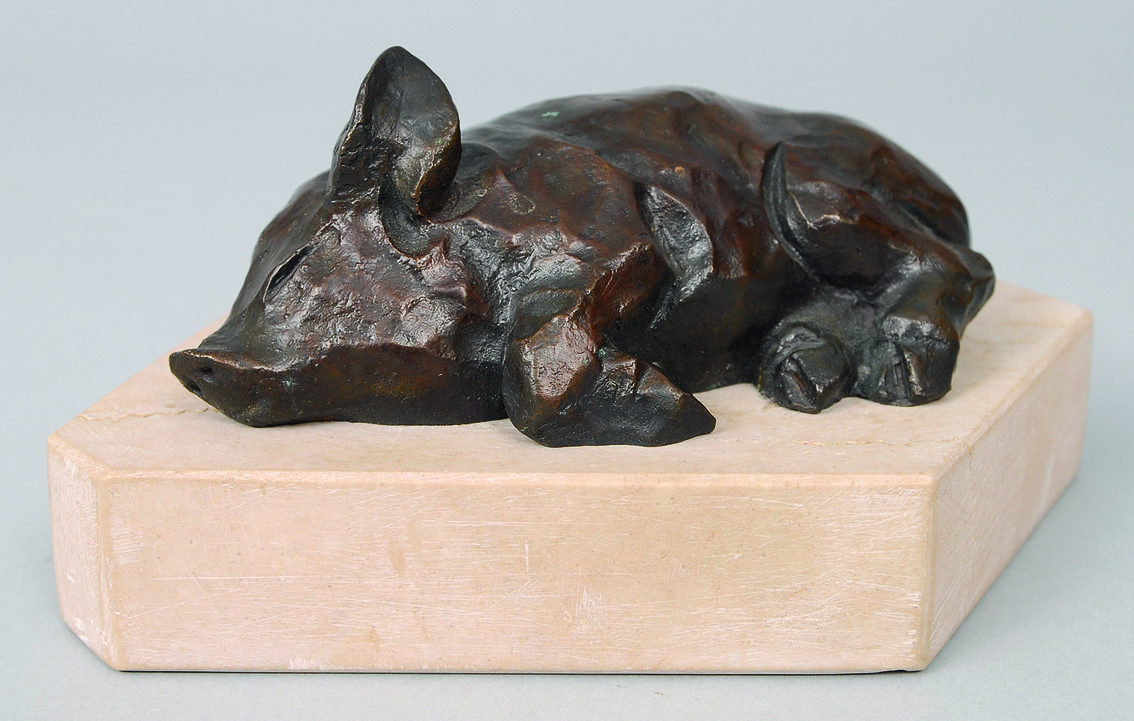 Kleine Bronze-Figur 'Liegendes Schwein'