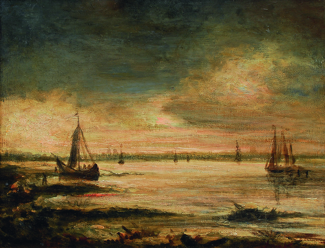 A river landscape with ships in the moonlight