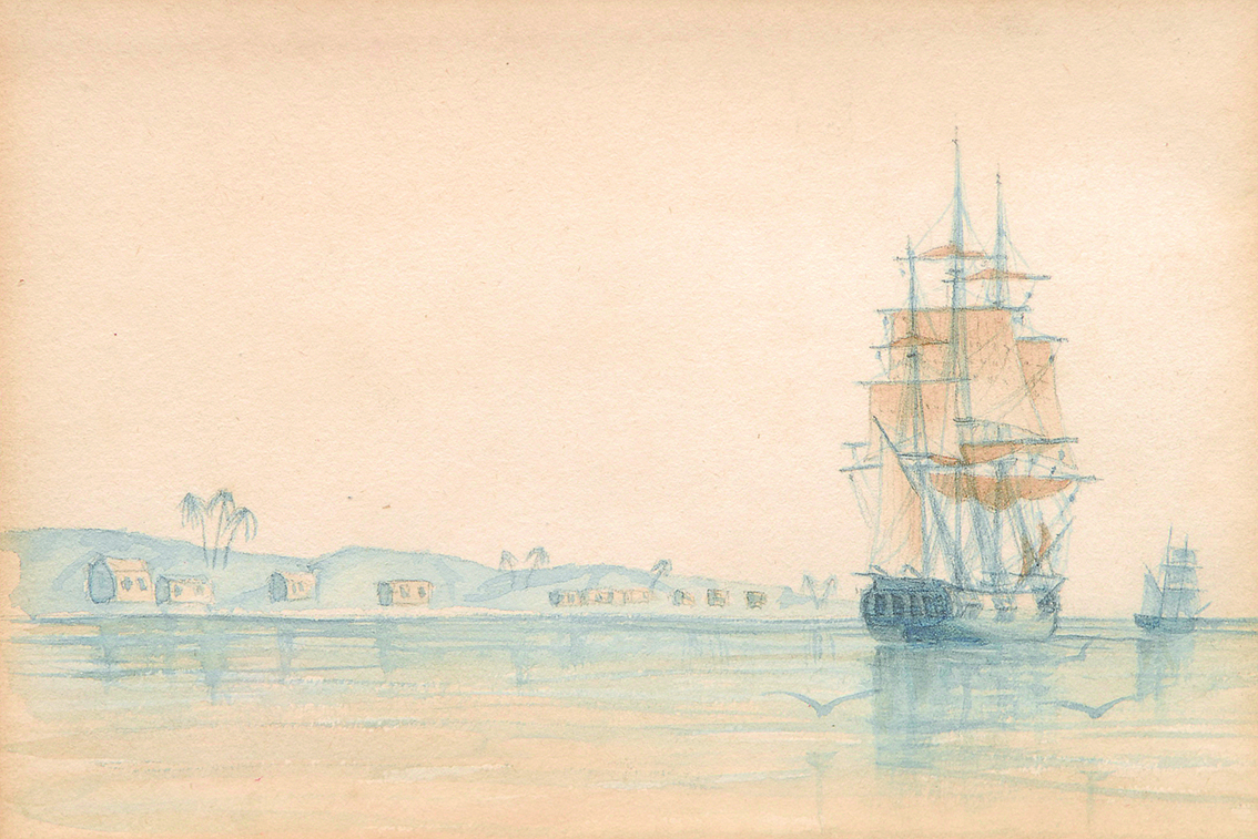 A pair of watercolours a frigate and a sailing ship