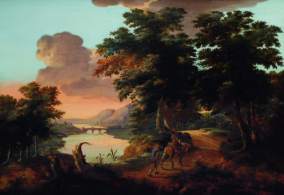 An italianate landscape with hunters
