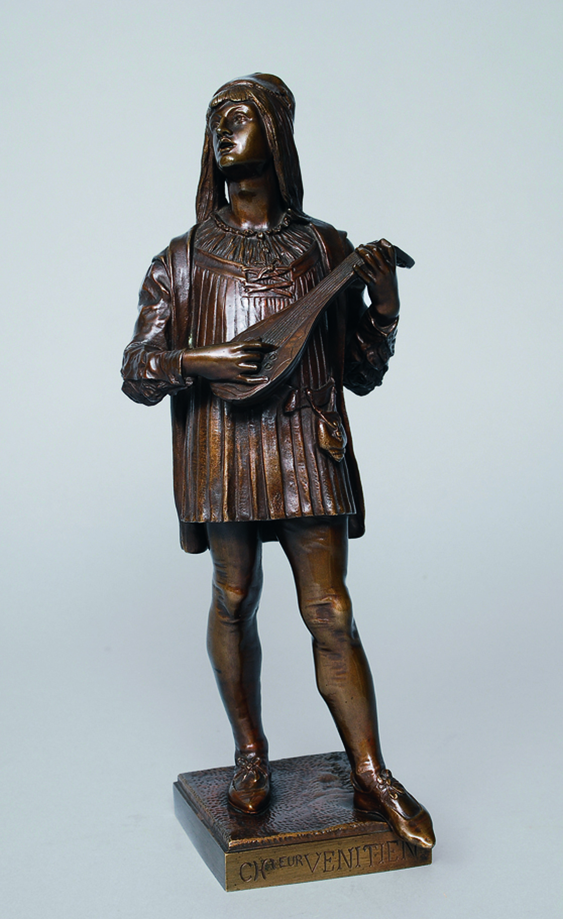 A bronze figure 'The lute player - Chanteur Venitien'