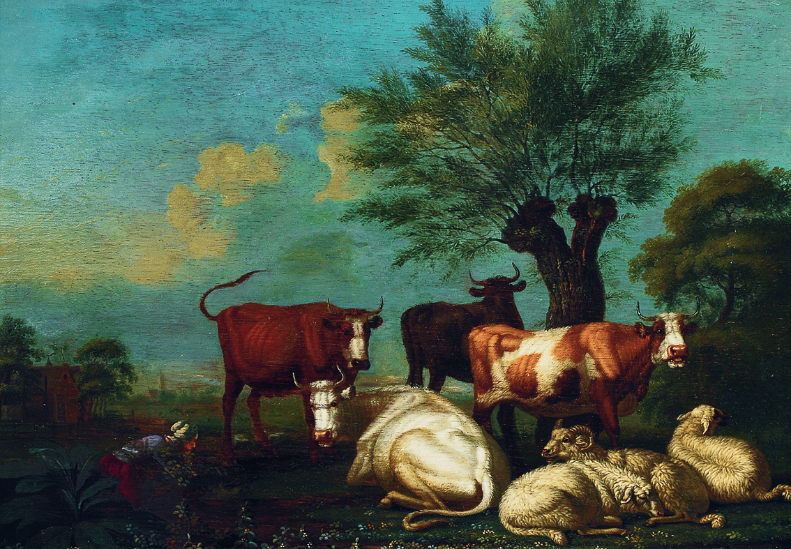 Hirtin mit Kühen und Schafen