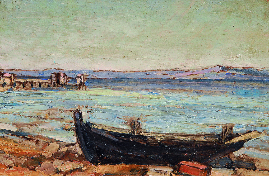 Paar Gemälde: Südländische Küste mit Boot in unterschiedlichem Tageszeitenlicht