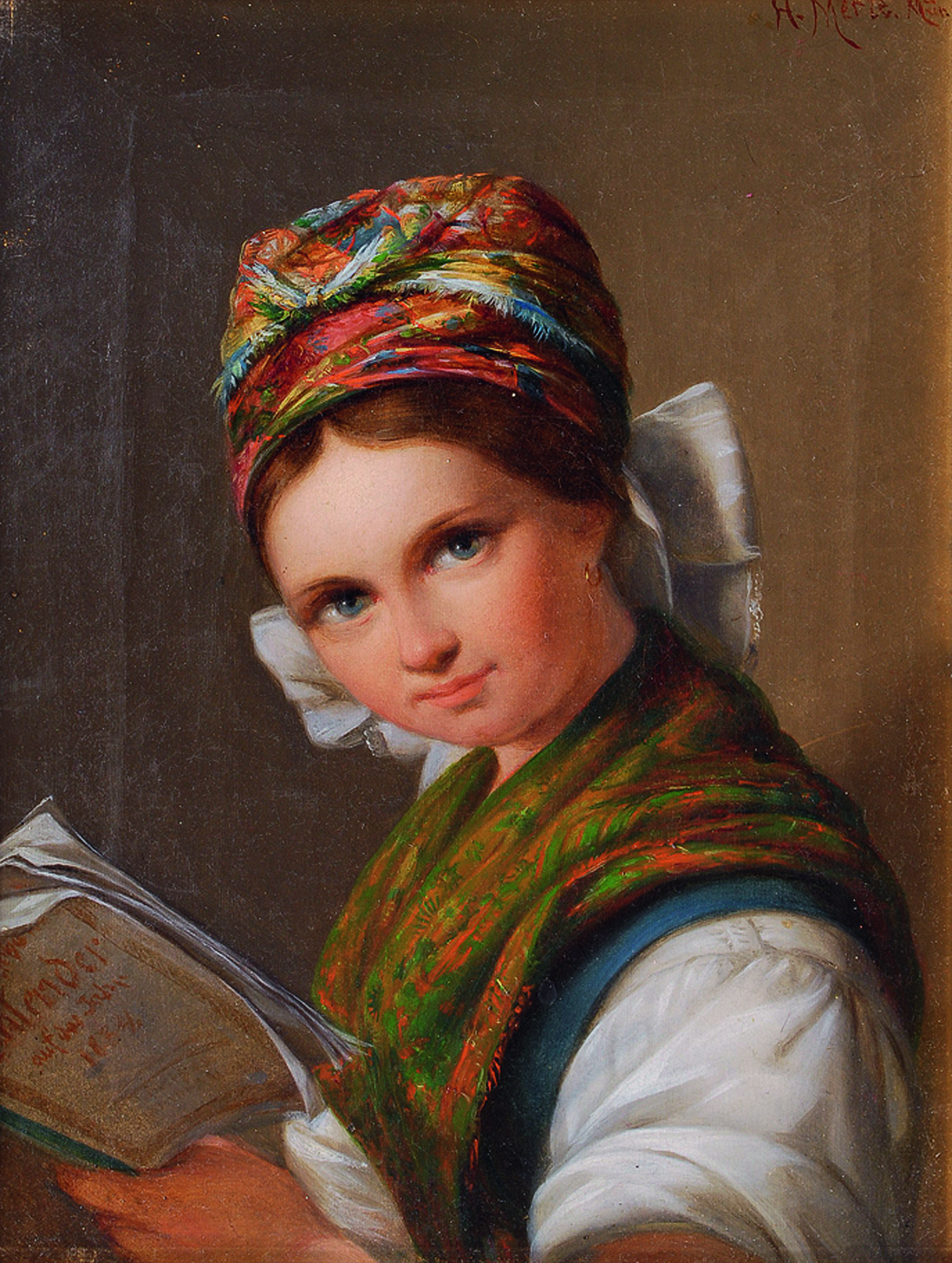 Lesendes Mädchen mit bunter Schleifenhaube