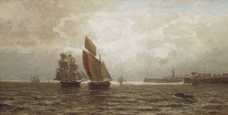 Coastal scene with vessels in front of a french harbour