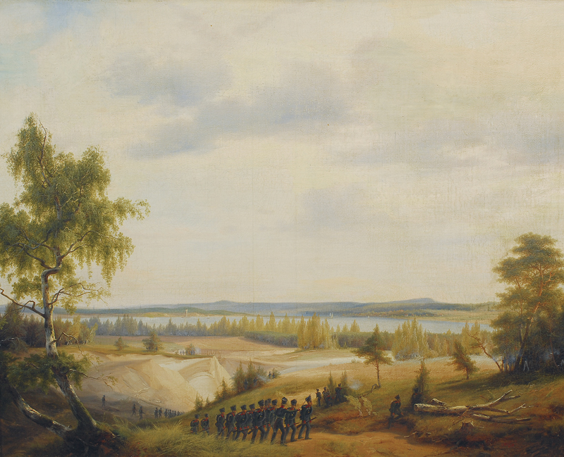 Preußische Einheiten und französische Infanterie vor Elblandschaft