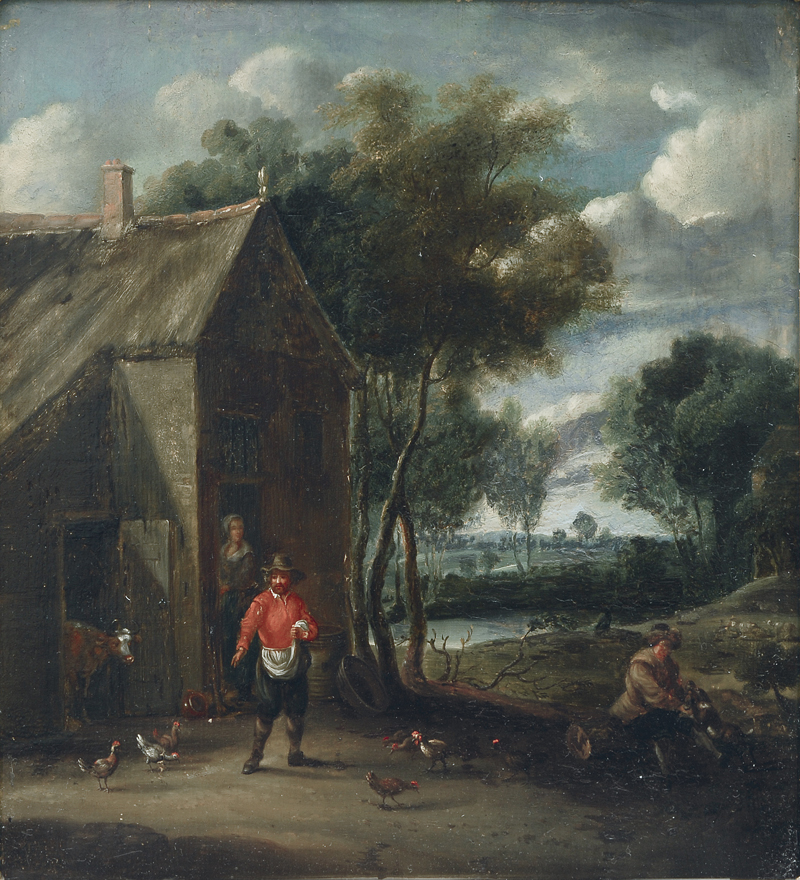 Bauer beim Füttern vor seinem Haus