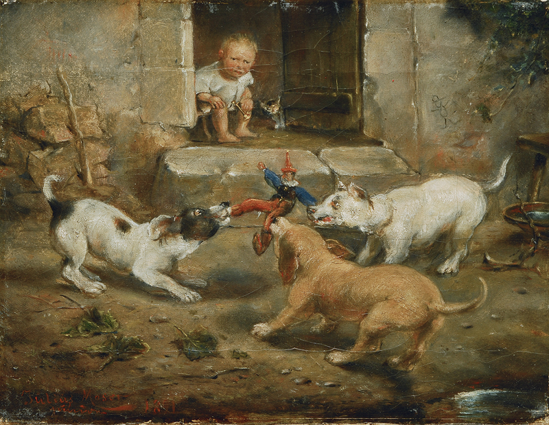 Hunde streiten um die Puppe eines Kindes
