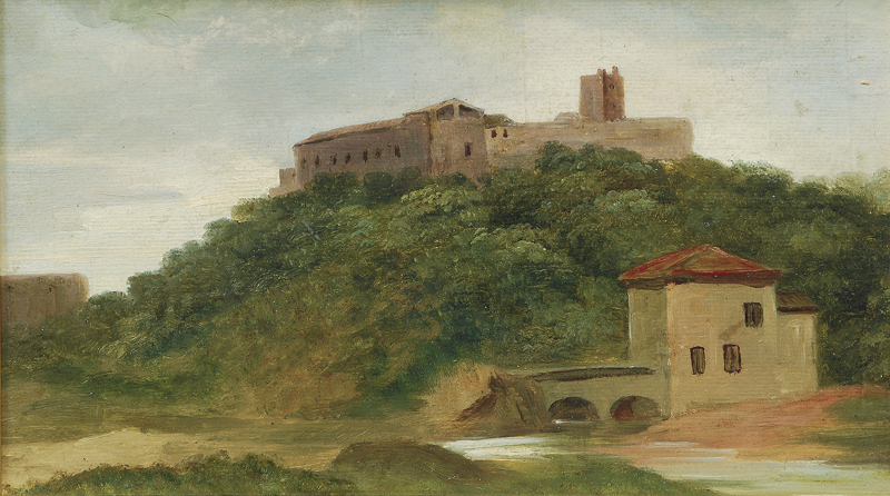 Italian river landscape with monastery