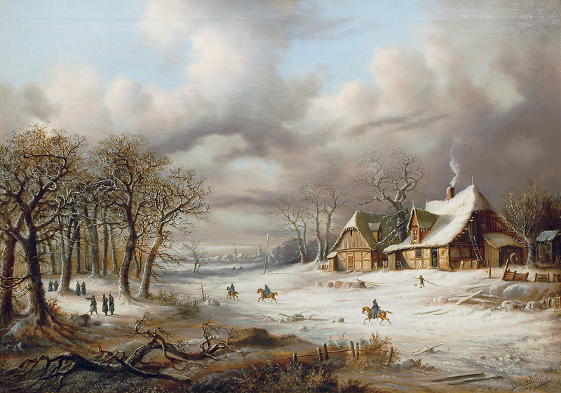 Winterlandschaft mit Soldaten vor einem Gehöft
