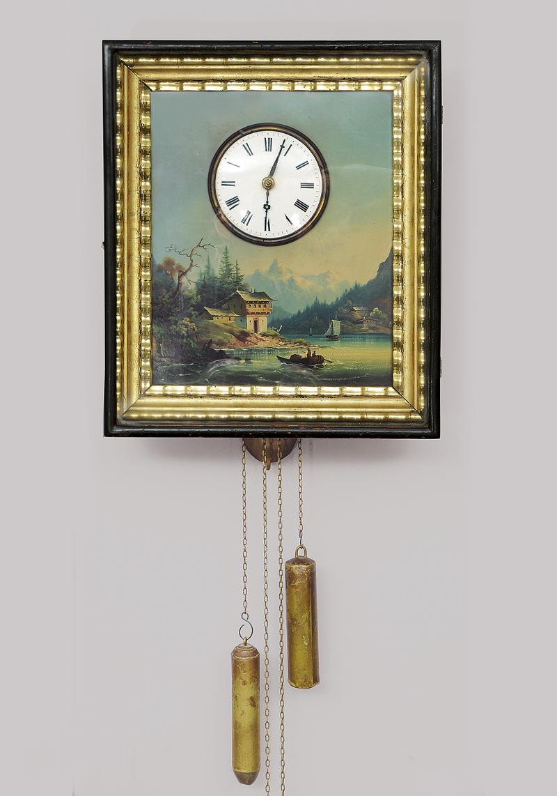 A clock with a painting of a sea and mounting landscape