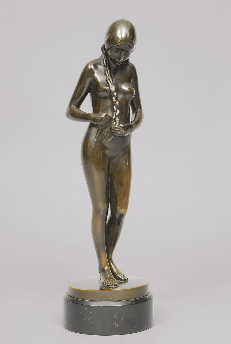 A bronze figure 'Girl binding a plait'