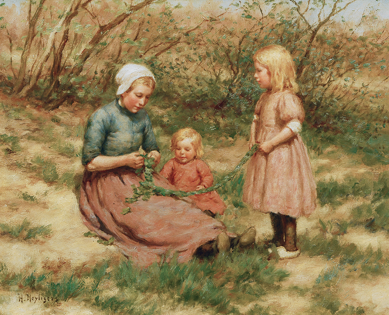 A young maidservant binding a garland for two girls