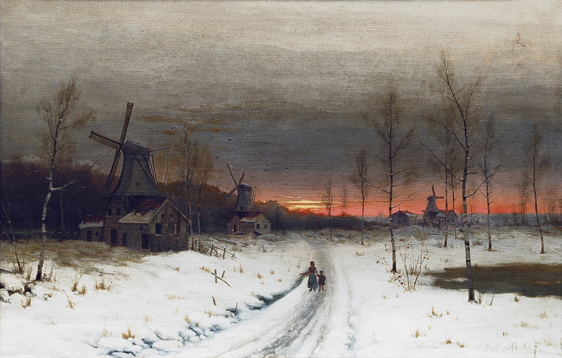 Paar Gemälde: Winterlandschaften im Sonnenuntergang und im Mondlicht