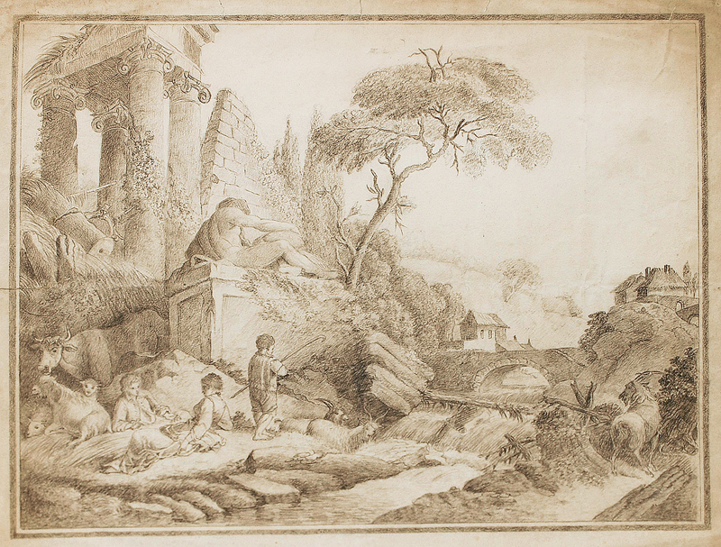 Idyllische Schäferszene mit Liebespaar in römischer Landschaft