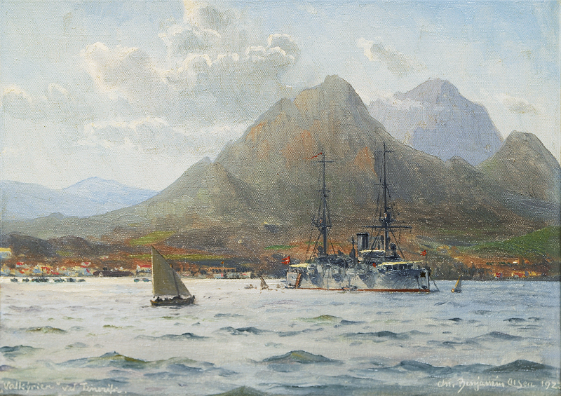 Danish cruiser 'Valkyrien' anchoring at Tenerife on board the Royal couple