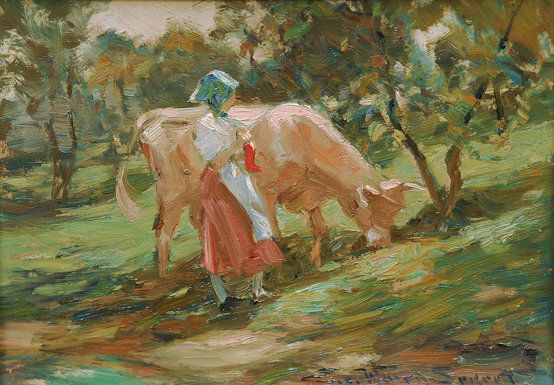 Young maidservant with cow on a meadow