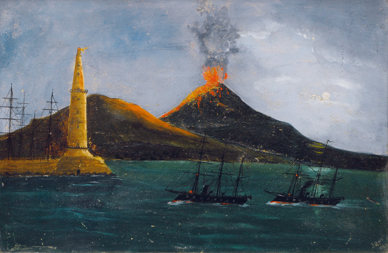 Two armoured frigates in front of Mount Vesuvius