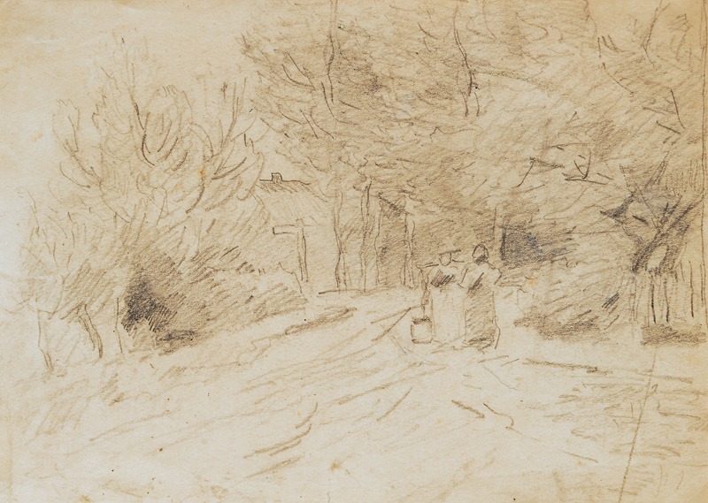 3 drawings with landscape, persons and animals