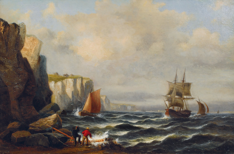 Coastal scene with sailing vessels