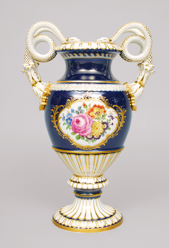 A double snake handled vase with cobalt blue ground