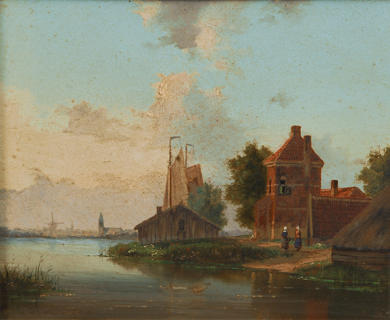 River landscape with a Dutch town in the background