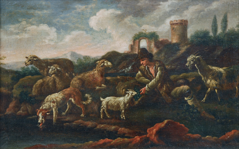 Shepherd an his flock in front of a landscape with ruins