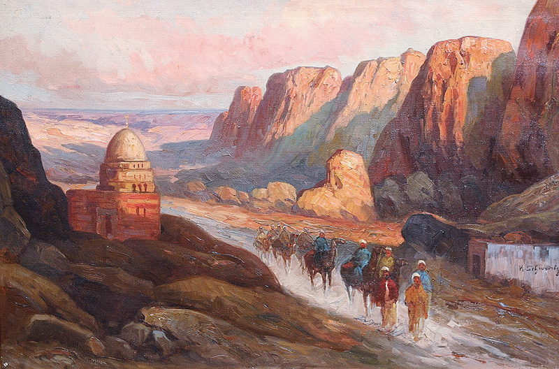 Orientalische Reiter in einer Felsenschlucht bei einer Moschee