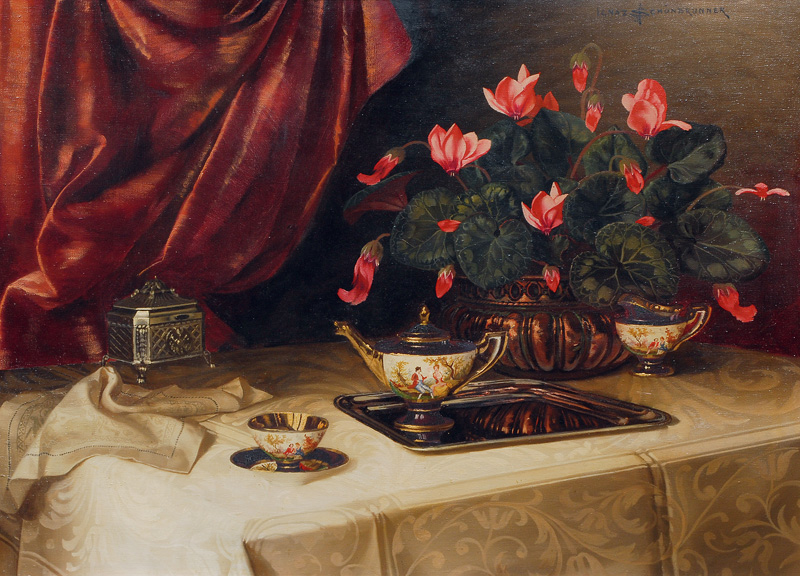 A still life with a tea set and cyclamen