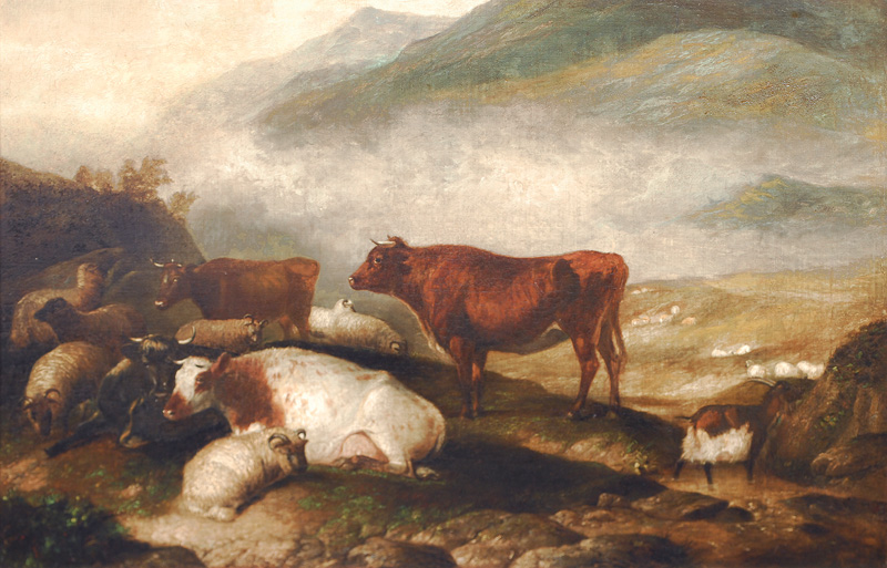 Rinder- und Schafherde in einer Landschaft