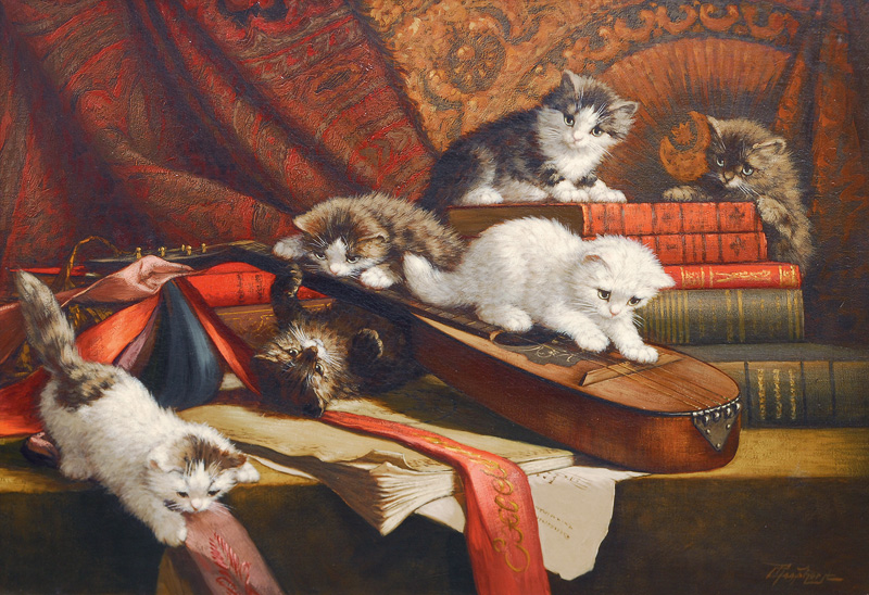 Playing kittens with books and a lute