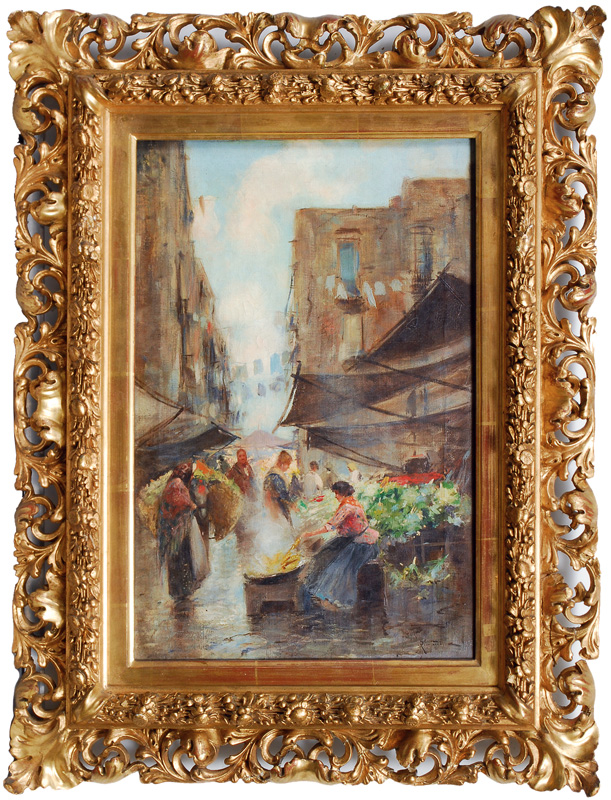 Pair of paintings: Market in an Italian town
