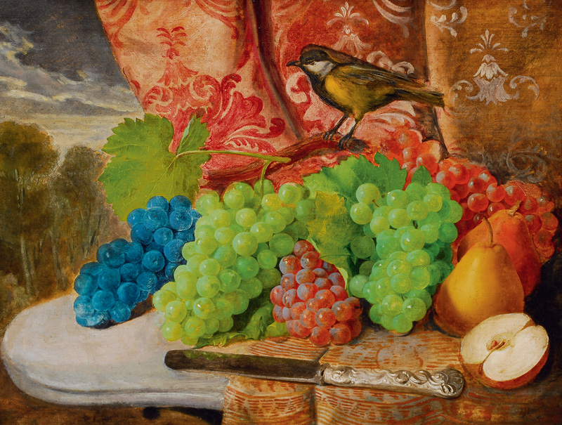 Fruit still life with a bird