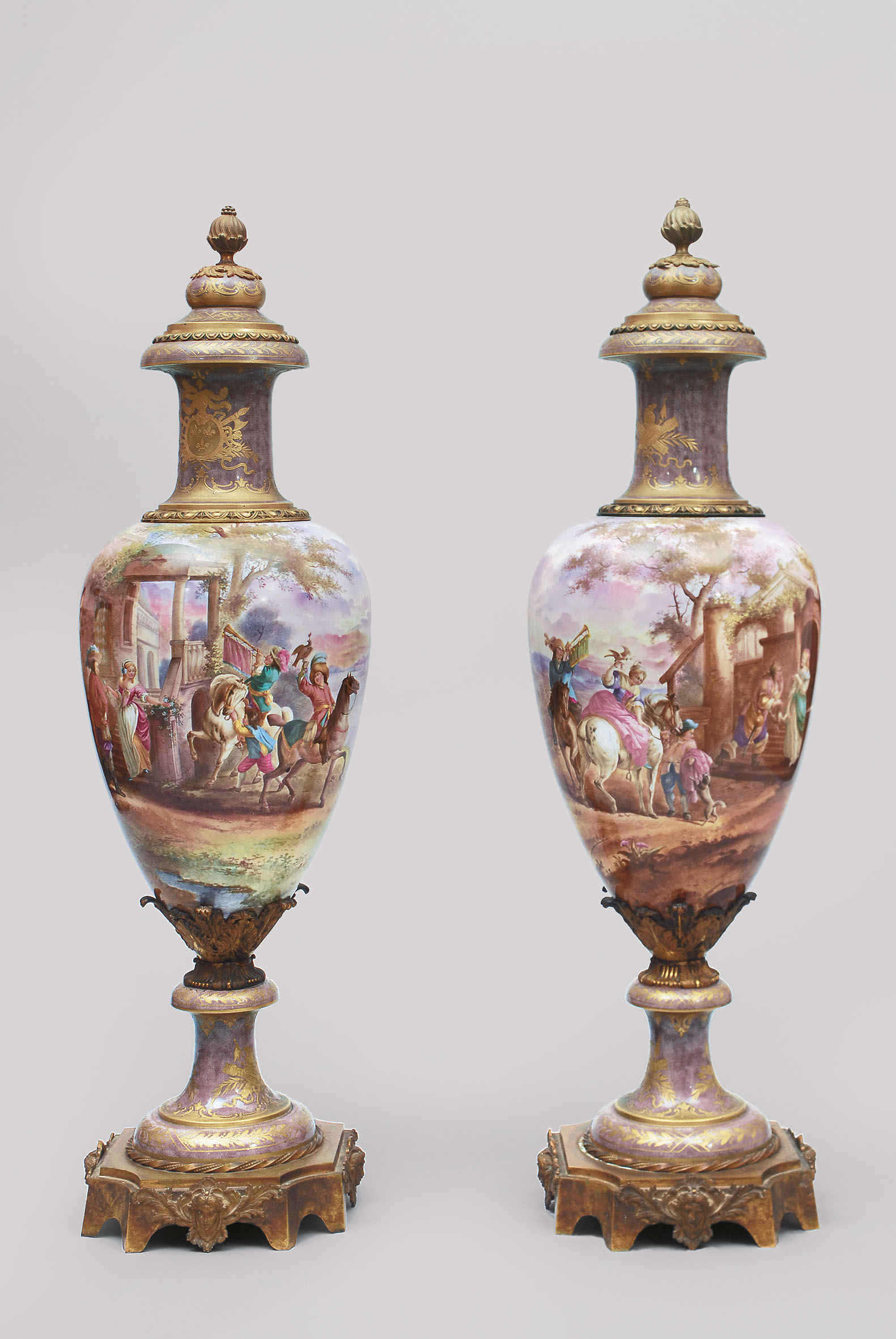 A pair of huge exceptional vases 'hawking' in style of Sèvres
