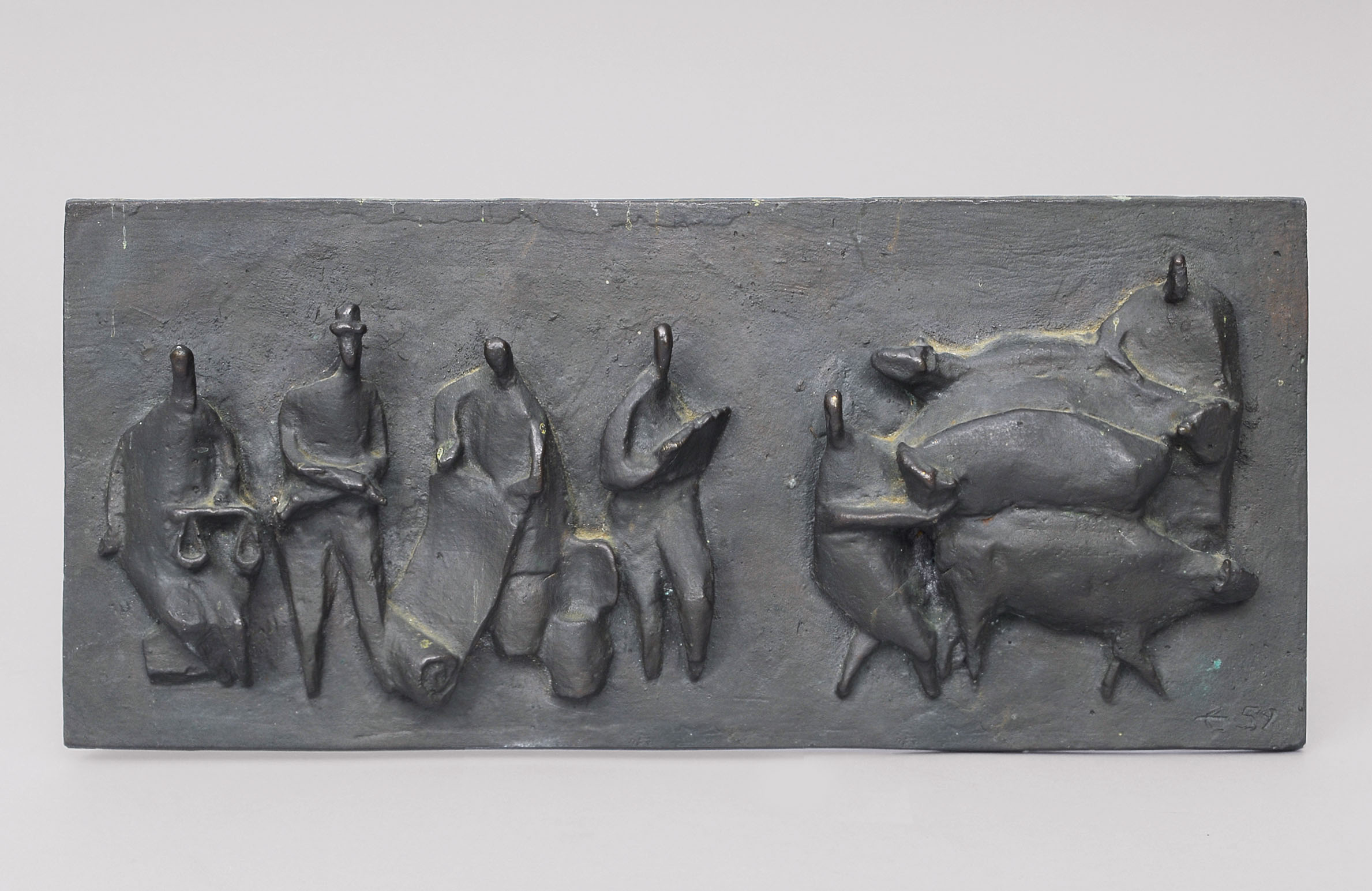 A bronze relief 'Compostion with figures - on the market'
