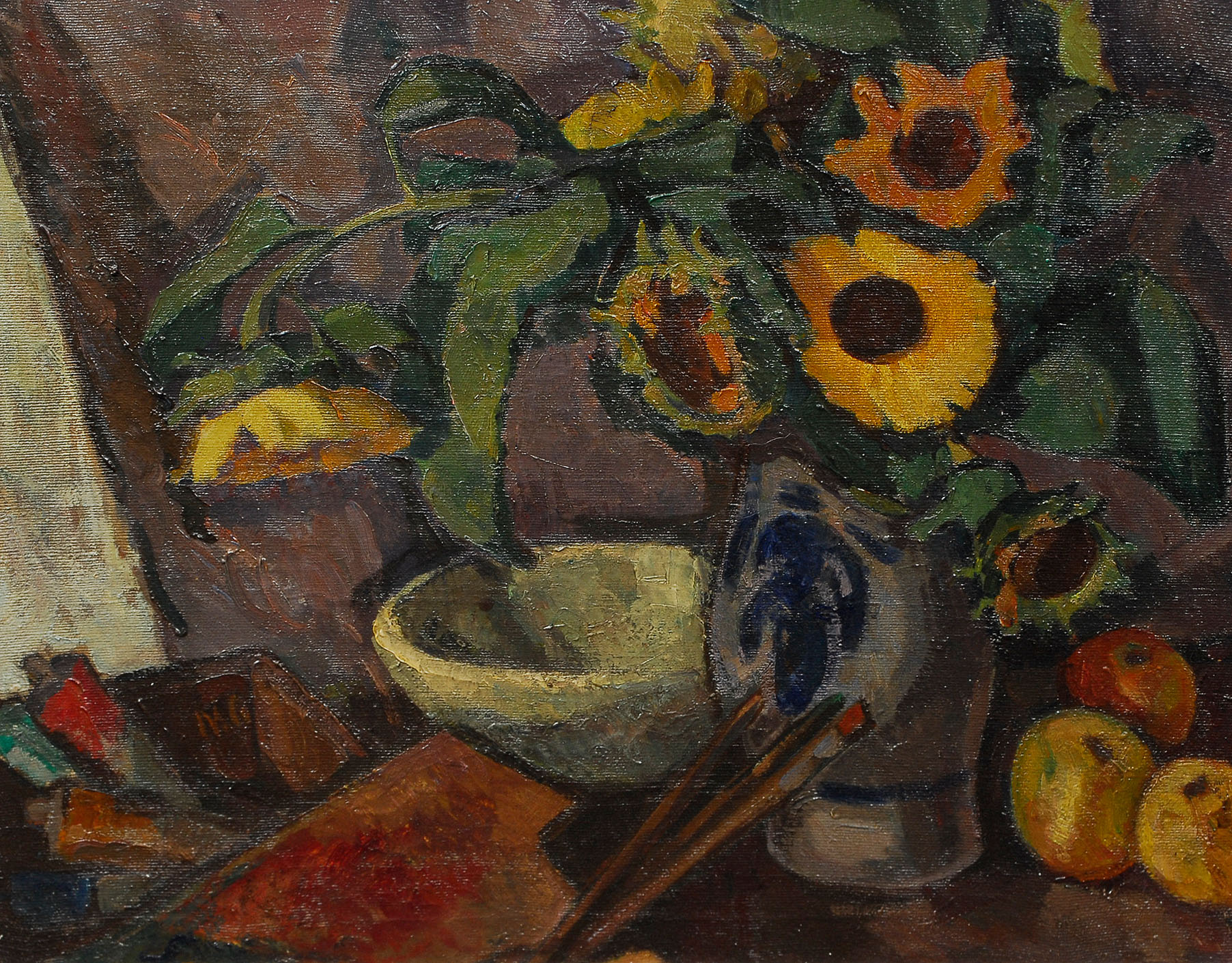 Still life with sunflowers, apples and painter's implement