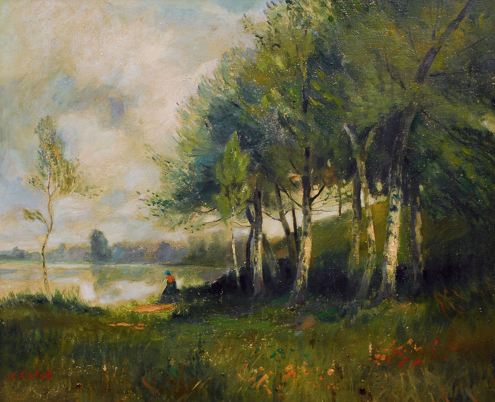 Landscape with lake and birches