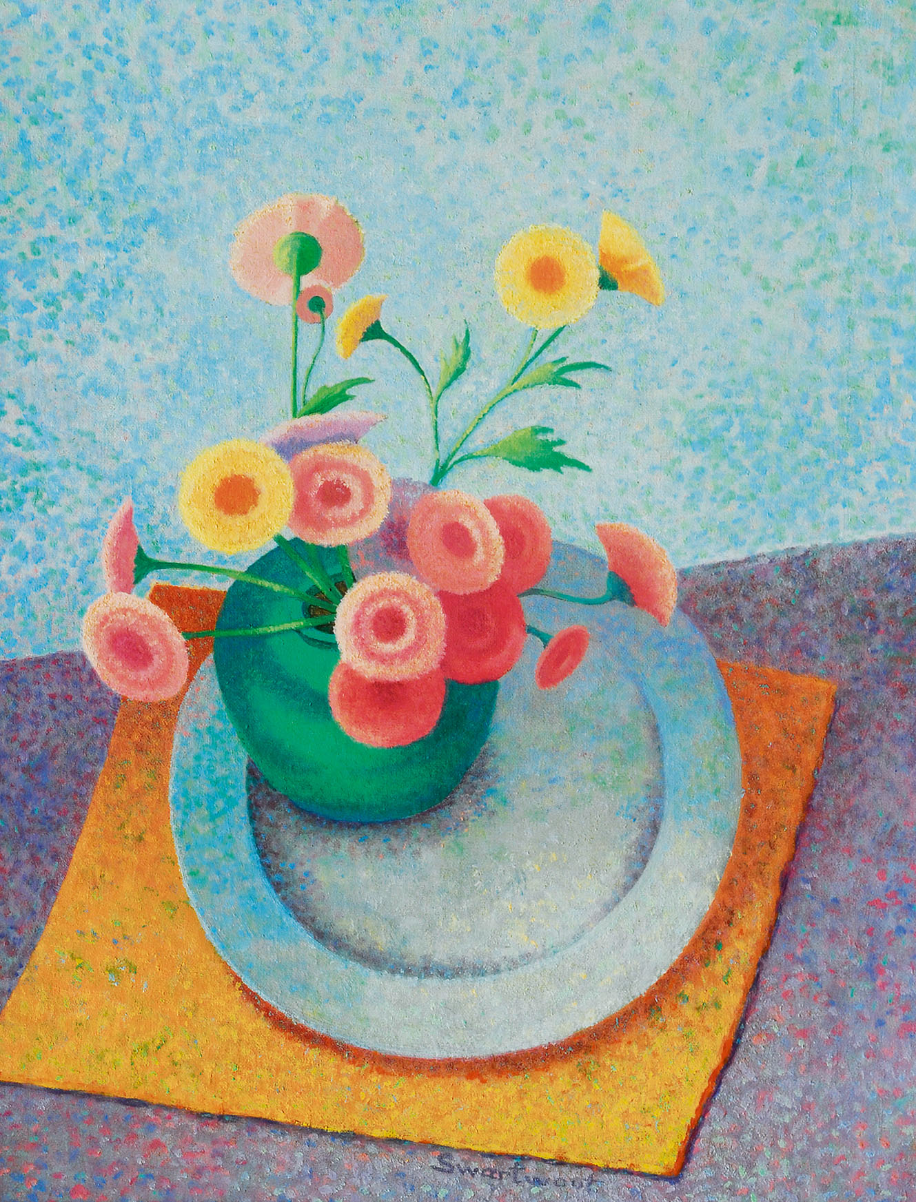 Still life with flowers and a dish