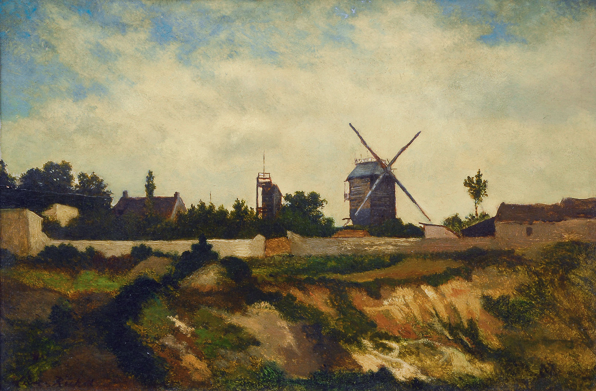 Léon Richet - Landscape with windmill and houses Landscape with windmill and houses
