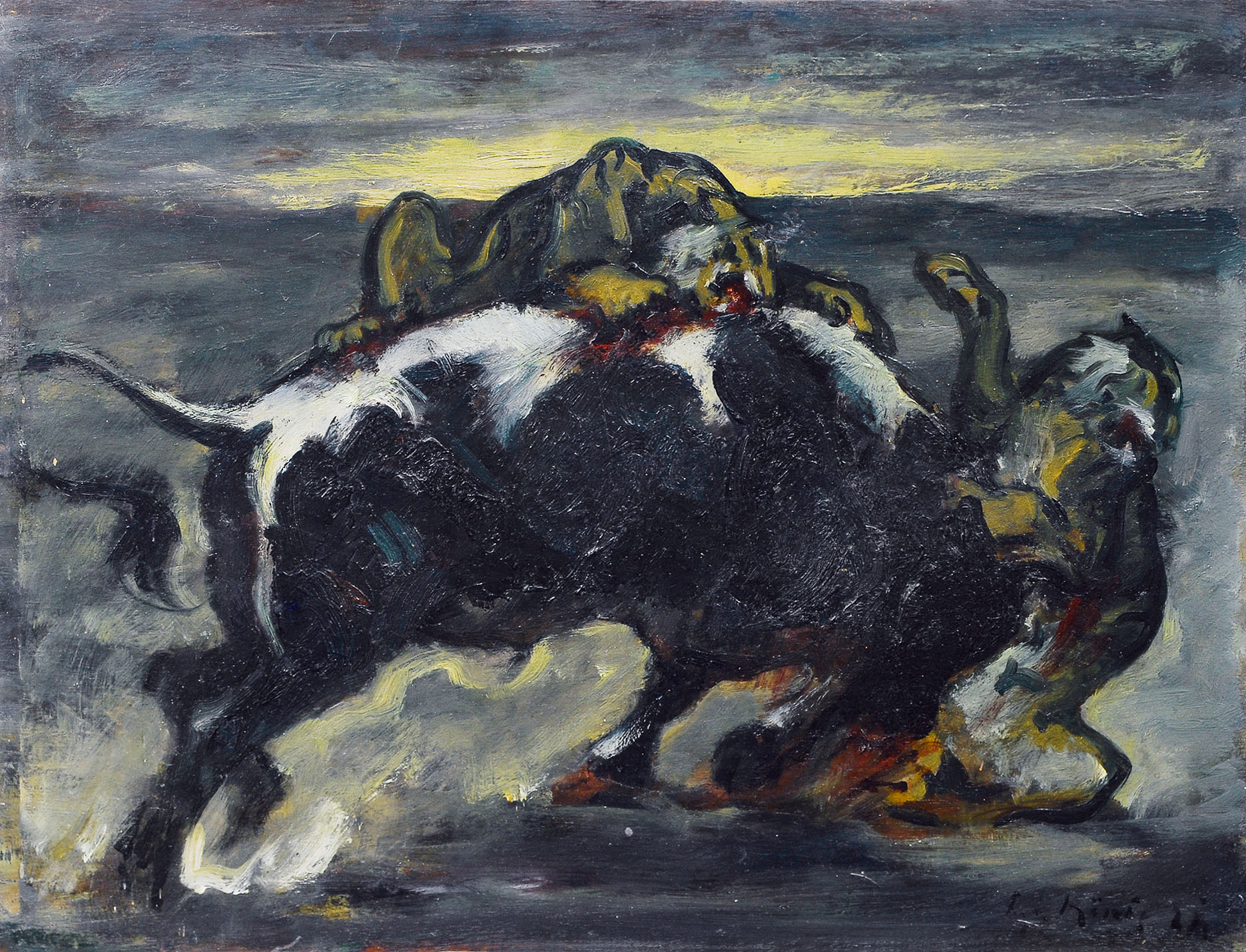 A bull fighting against two tigers