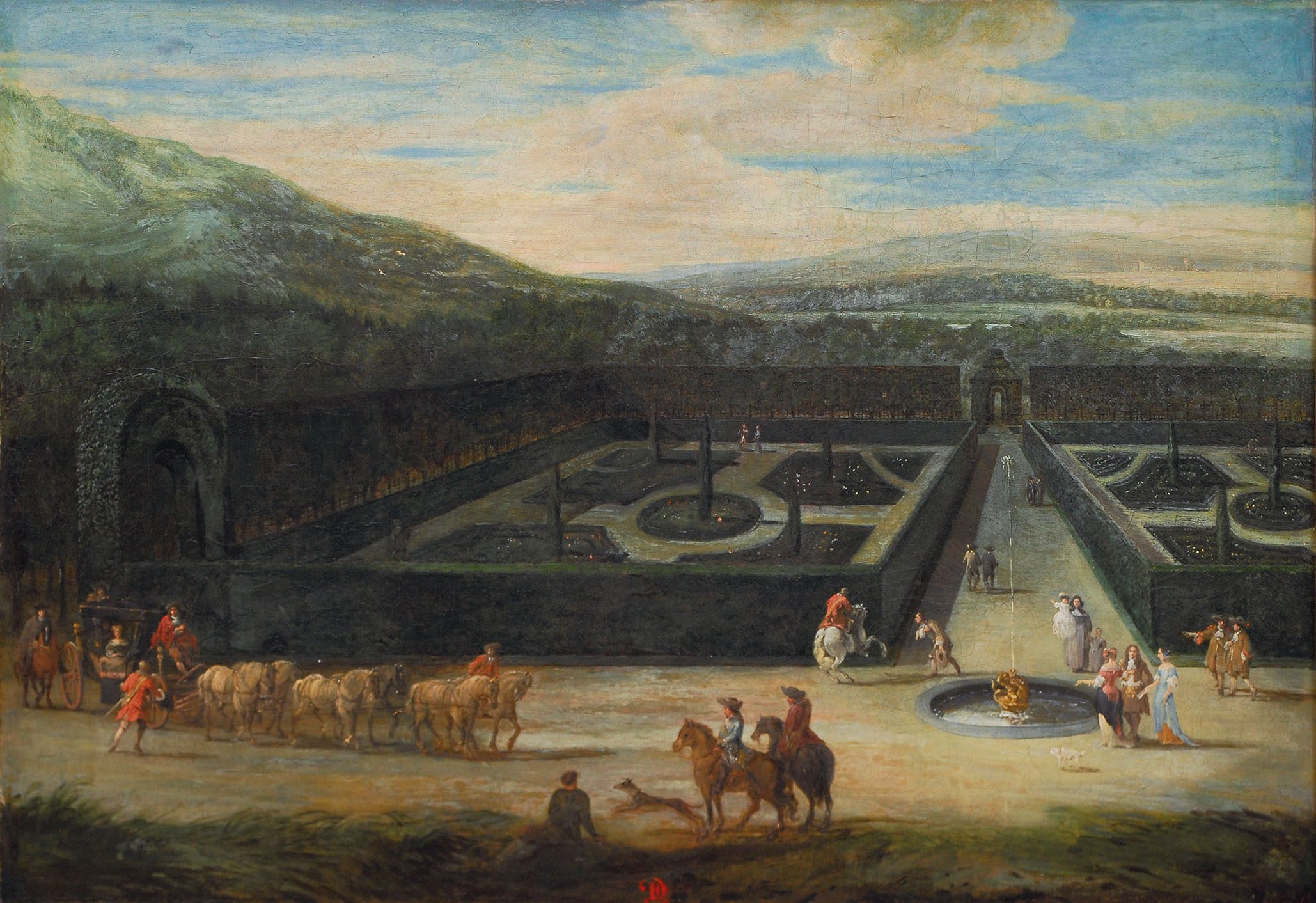 Baroque palace garden with carriage drawn by six horses