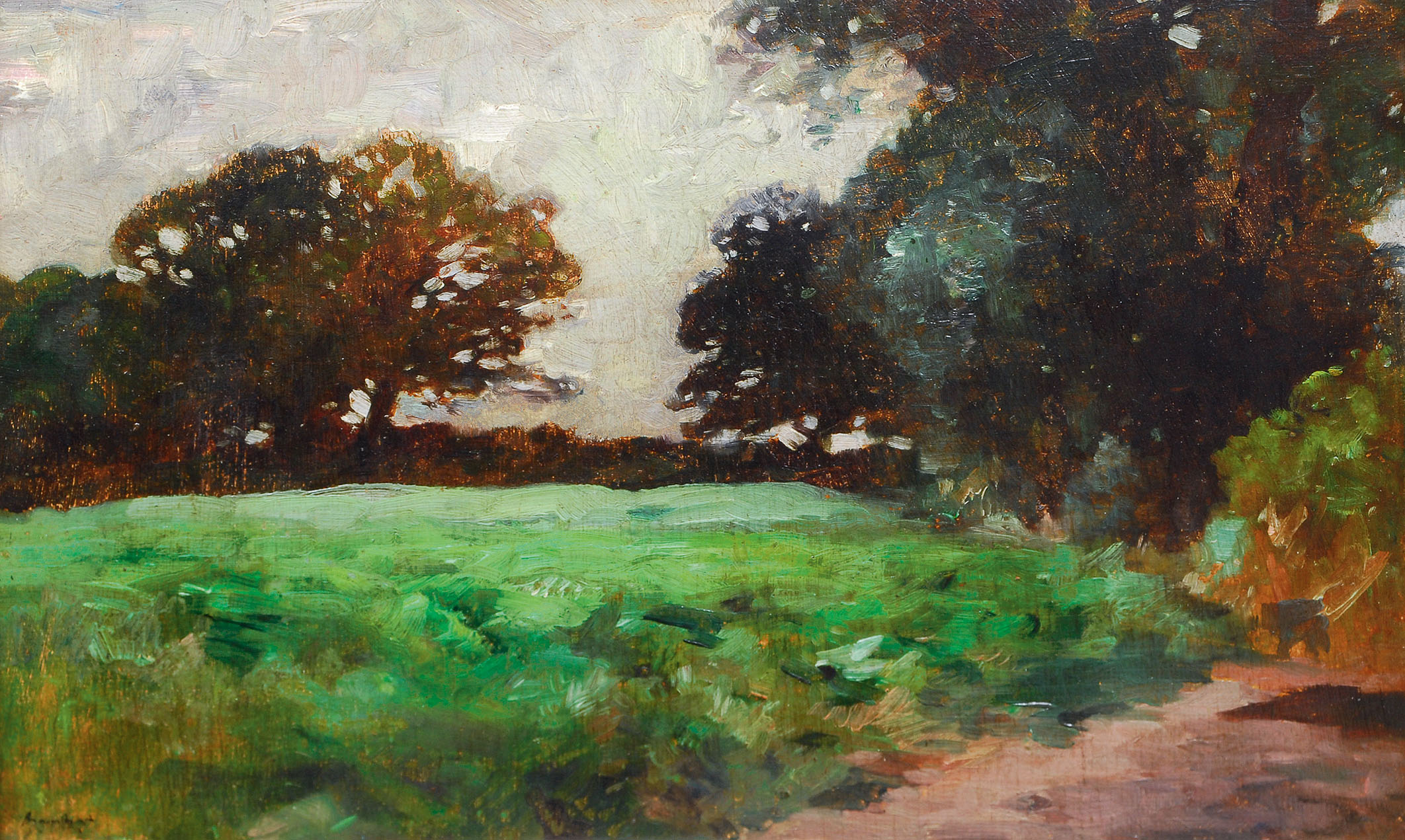 Landscape with trees and hayfield