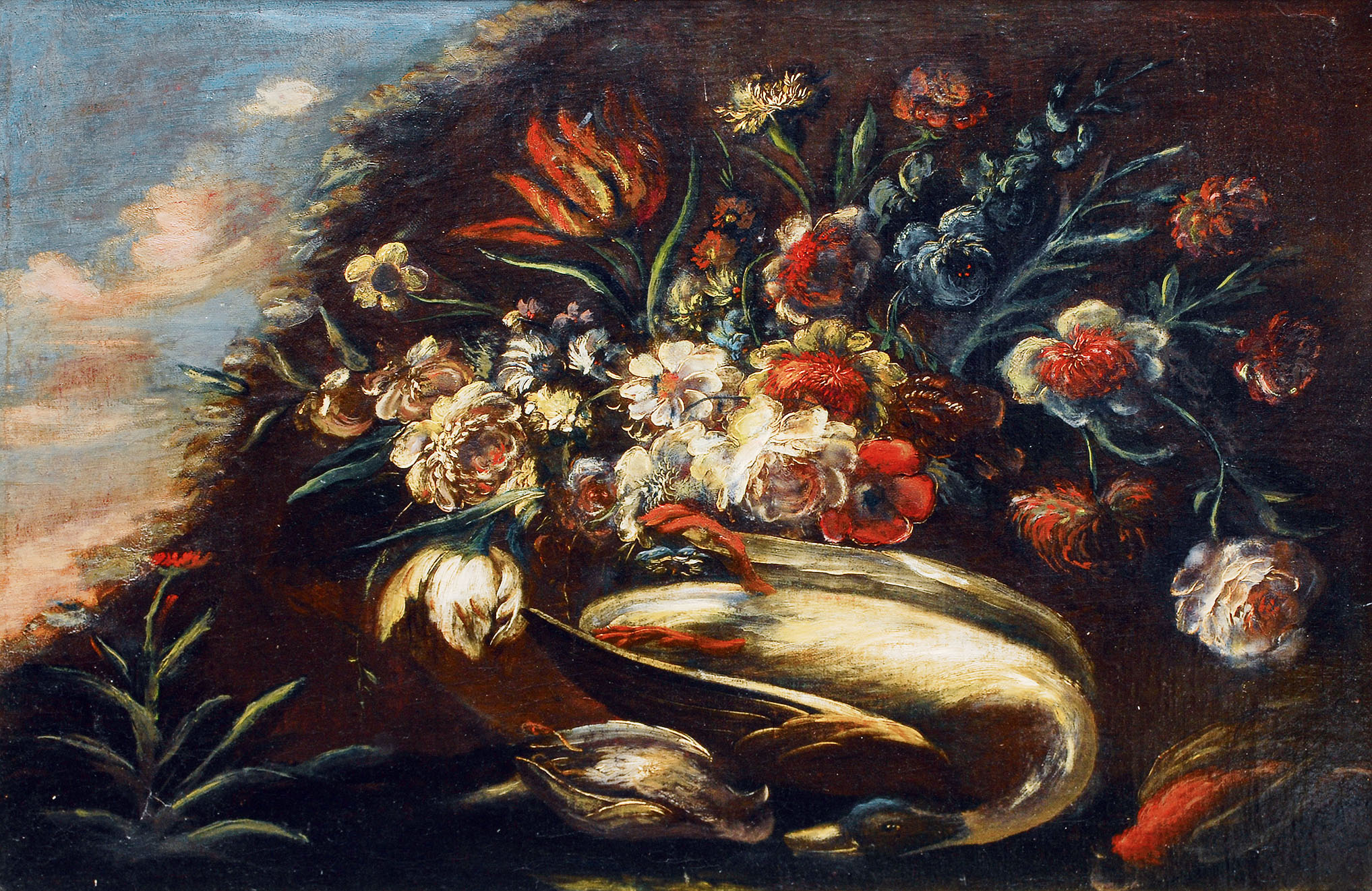 Still life with flowers and poultry