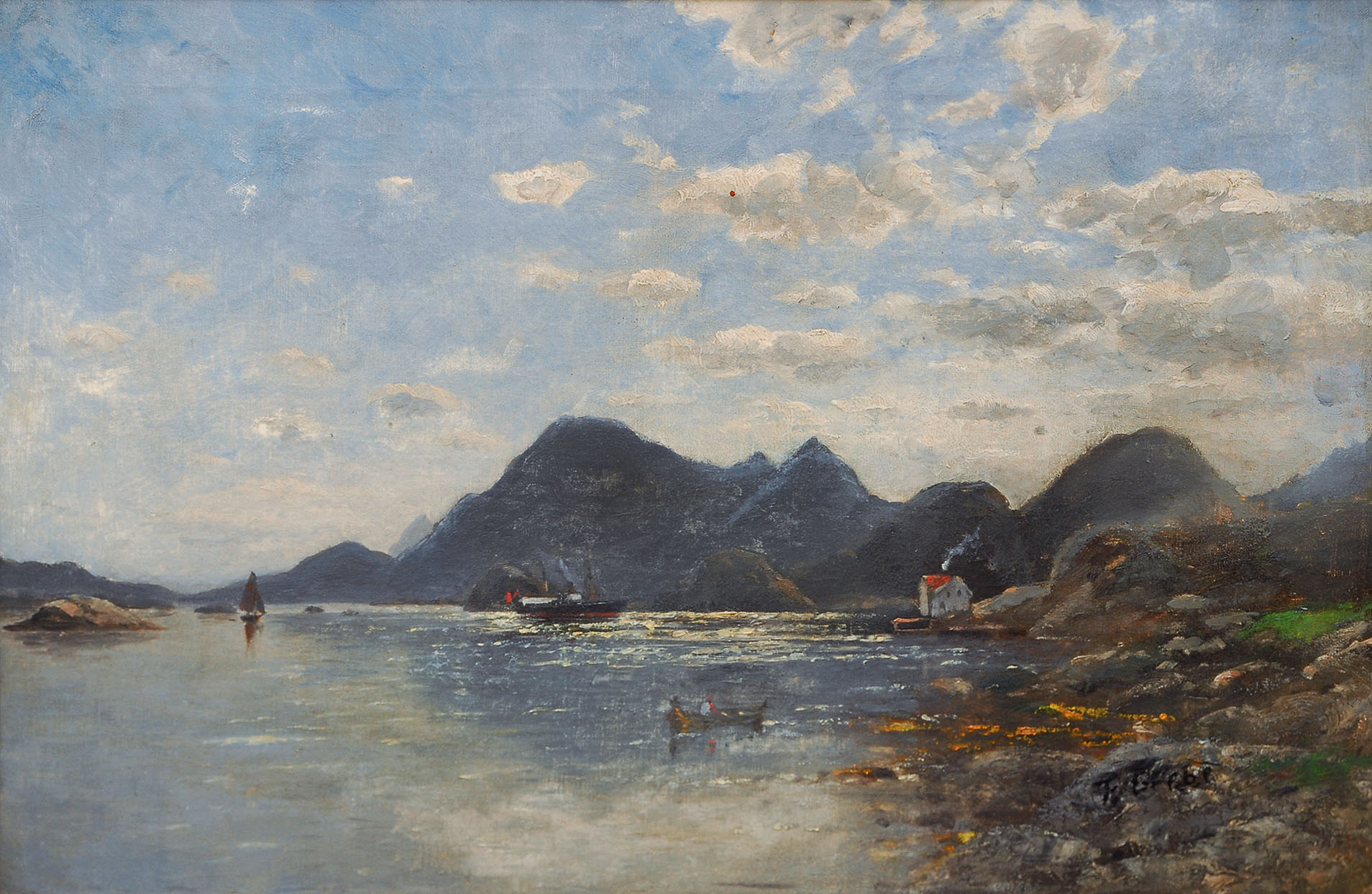 Norwegische Landschaft mit Postdampfer und Fischerbooten