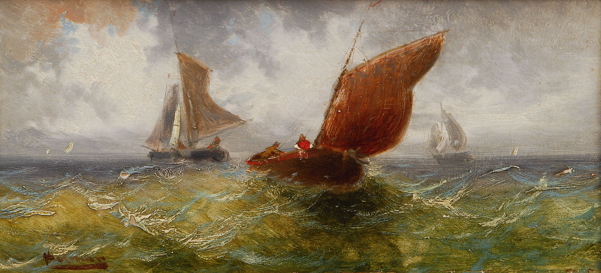 Sailing ship and fishing boats