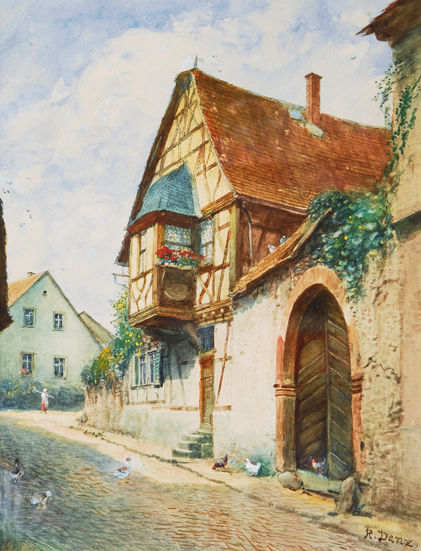 Village Street with Woman and Chicken