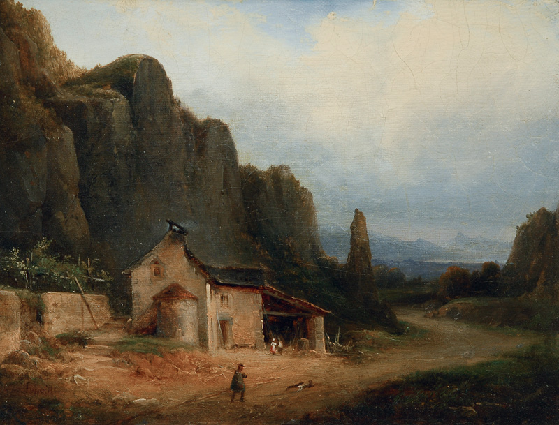 Wanderer with Dogs in a Mountainous Landscape