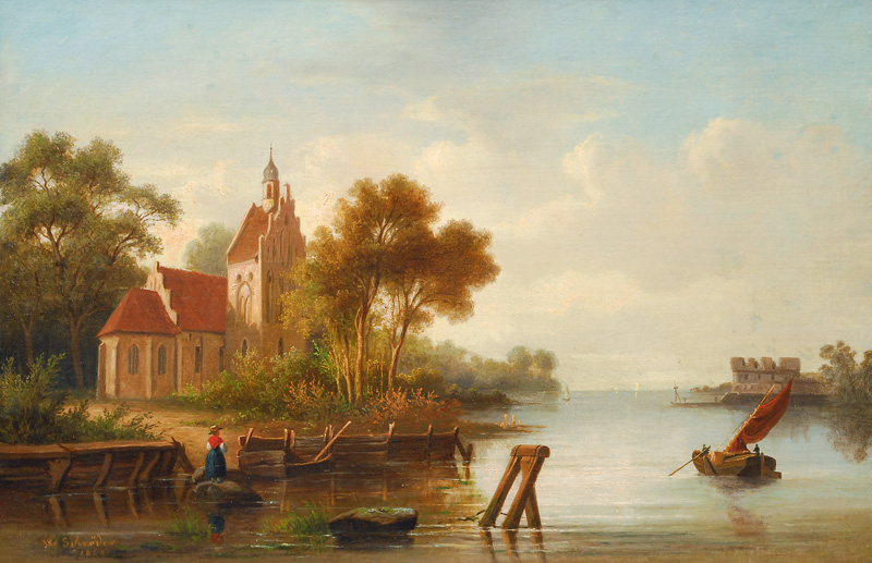 Flußlandschaft mit Kirche und Festung
